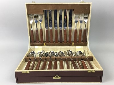 Lot 157 - A SUITE OF WOODEN HANDLED STAINLESS STEEL CUTLERY AND OTHER CASED AND LOOSE CUTLERY