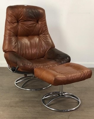 Lot 230 - A BROWN LEATHER RETRO REVOLVING CHAIR AND STOOL