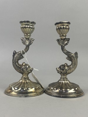 Lot 244 - A PAIR OF PLATED CANDLESTICKS AND OTHER PLATED WARE