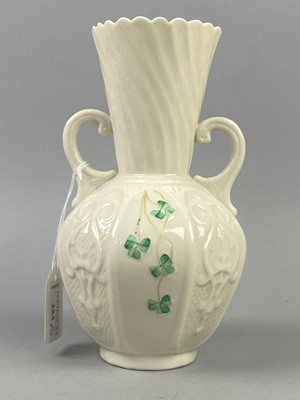 Lot 253 - A BELLEEK VASE, SUGAR AND CREAM