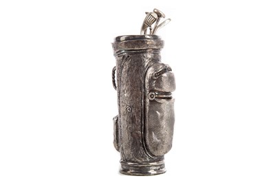 Lot 1583 - A NOVELTY SILVER GOLF BAG AND CLUBS DESK ORNAMENT