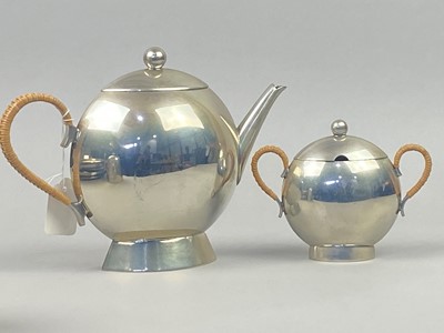 Lot 315 - A NICK MUNRO PEWTER THREE PIECE TEA SERVICE AND FOUR OTHER DISHES