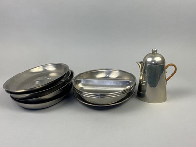 Lot 315 - A NICK MUNRO PEWTER THREE PIECE TEA SERVICE AND FOUR OTHER DISHES