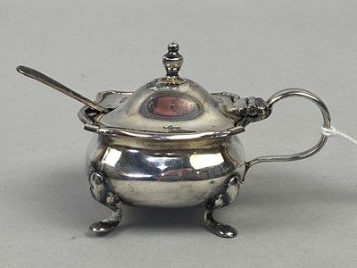 Lot 331 - A SILVER MUSTARD POT, SALT, SPOON AND PLATED DISHES