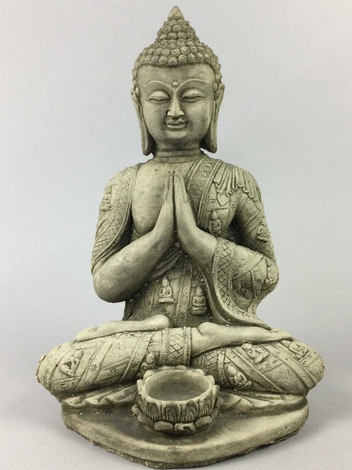 Lot 50 - A COLLECTION OF BUDDHA STATUES AND A GLASS TOPPED CIRCULAR OCCASIONAL TABLE