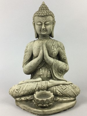 Lot 50A - A COLLECTION OF BUDDHA STATUES AND A GLASS TOPPED CIRCULAR OCCASIONAL TABLE