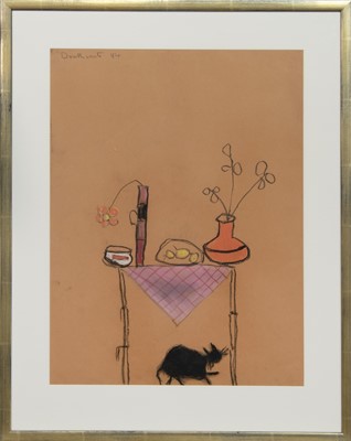 Lot 110 - CAT AND TABLE, A SIGNED & DATED PASTEL BY PAT DOUTHWAITE