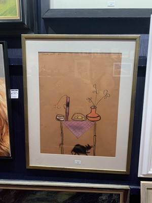 Lot 110 - CAT AND TABLE, A SIGNED & DATED PASTEL BY PAT DOUTHWAITE