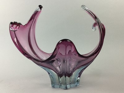 Lot 494 - A WATERFORD CRYSTAL CHAMPAGNE SLIDE, PAPERWEIGHT AND A STUDIO GLASS DISH