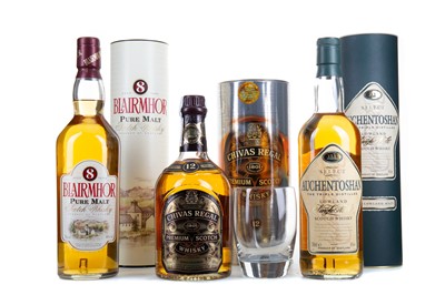 Lot 161 - AUCHENTOSHAN SELECT, BLAIRMHOR 8 YEAR OLD AND CHIVAS REGAL 12 YEAR WITH GLASS
