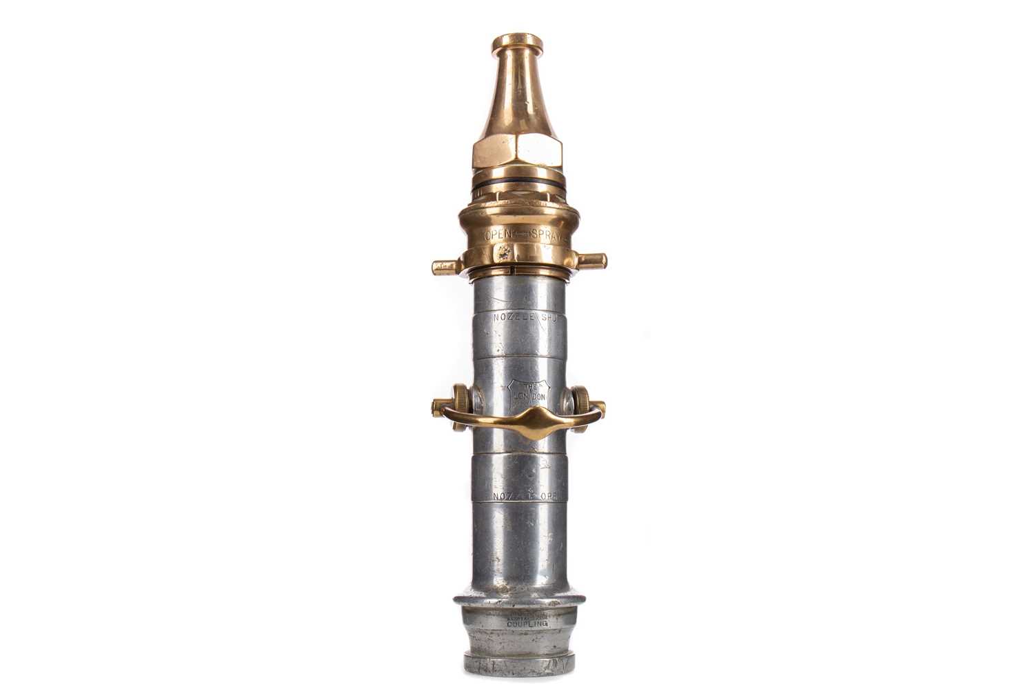 Lot 532 - A POLISHED STEEL AND BRASS FIRE HOSE NOZZLE
