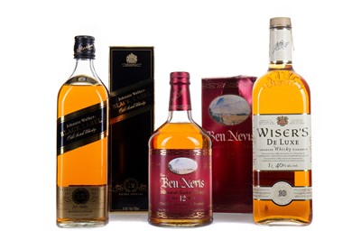 Lot 169 - WISER'S DELUXE 10 YEAR OLD 1L, DEW OF BEN NEVIS 12 YEAR OLD AND JOHNNIE WALKER 12 YEAR OLD BLACK LABEL 75CL