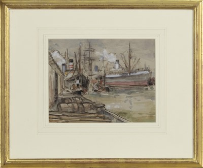 Lot 338 - QUEENS DOCK, A WATERCOLOUR BY JAMES KAY