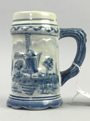 Lot 128 - A DELFT WARE BLUE AND WHITE MUG AND OTHER CERAMICS