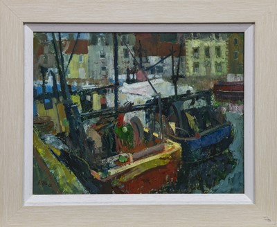 Lot 137 - SCAMPI BOATS, PITTENWEEM, AN OIL BY WILLIAM BIRNIE