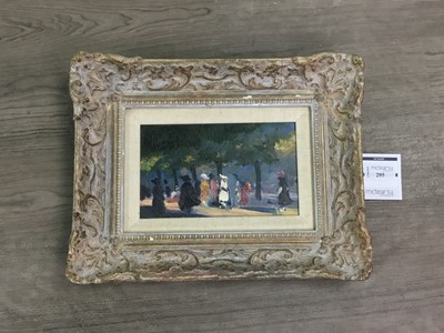 Lot 295 - FIGURES PROMENADING IN WOODED PARK, AN OIL BY DONALD WOOD