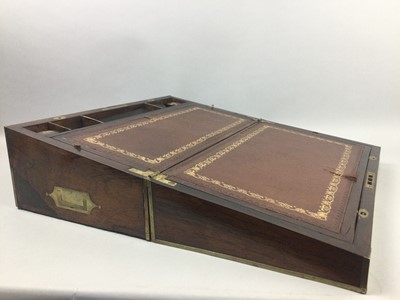 Lot 114 - A MAHOGANY AND BRASS BOUND WRITING SLOPE