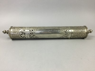 Lot 13 - A 1952 AFRICAN DISTRICT COMISSIONER PRESENTATION SCROLL IN WHITE METAL SCROLL CASE