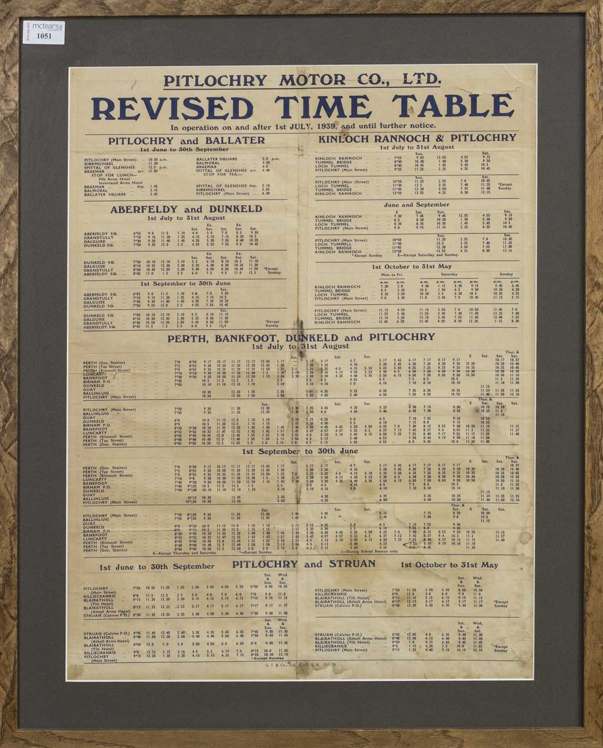 Lot 1051 - PITLOCHRY MOTOR CO. LTD. REVISED TIME TABLE CHART