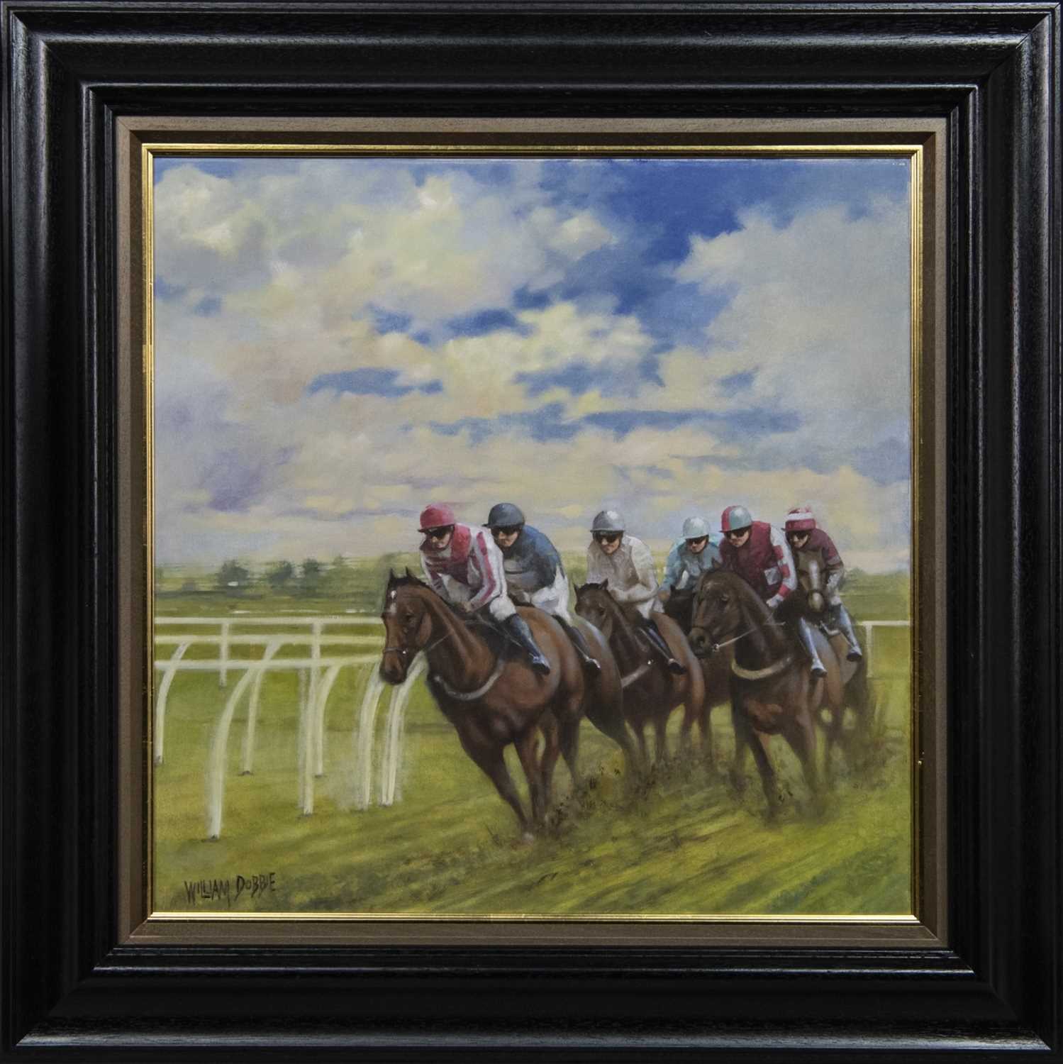 Lot 200 - RUNNING IN THE WAKE OF CHAMPIONS, AN OIL BY WILLIAM DOBBIE