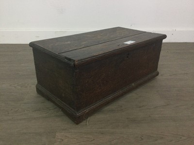 Lot 319 - A SMALL ELM STOOL, CANDLE BOX AND A CORNER WALL SHELF