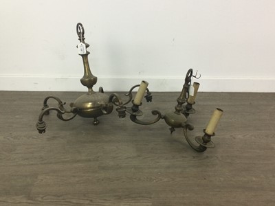 Lot 320 - A BRASS FIVE BRANCH CHANDELIER AND ANOTHER