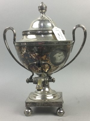 Lot 401 - A SILVER PLATED TWIN HANDLED SAMOVAR, BRASS ALMS BOWL AND PAIR OF INDIAN BRASS PLATES