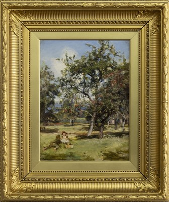 Lot 16 - AN ORCHARD IN AUTUMN, AN OIL BY SIR JAMES LAWTON WINGATE