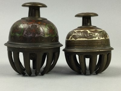 Lot 29 - A PAIR OF ENAMELLED BRASS TEMPLE BELLS, AND OTHER ITEMS