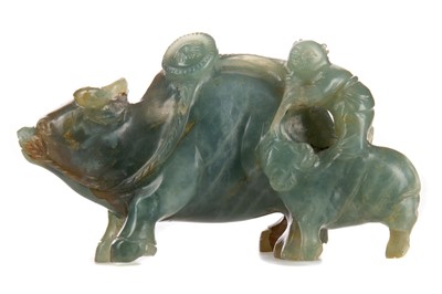 Lot 1053 - CHINESE DARK CELADON JADE CARVING OF A WATER BUFFALO AND YOUNG