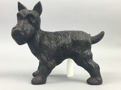 Lot 431 - A CAST METAL MODEL OF A DOG AND TWO BRONZE CHERUB FIGURES