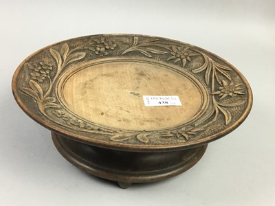 Lot 438 - A CARVED WOOD CELTIC PATTERN MARRIAGE BOWL AND OTHER WOOD ITEMS