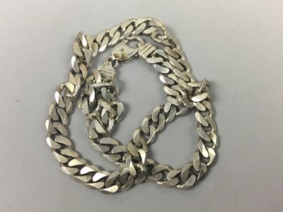 Lot 443 - A SILVER FLATTENED LINK NECKLACE, A SILVER ALBERT AND A SILVER PLATED CHAIN