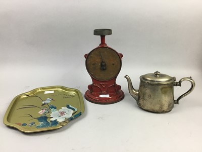 Lot 476 - A SET OF VINTAGE SCALES, PLATED ITEMS AND A SERVING TRAY