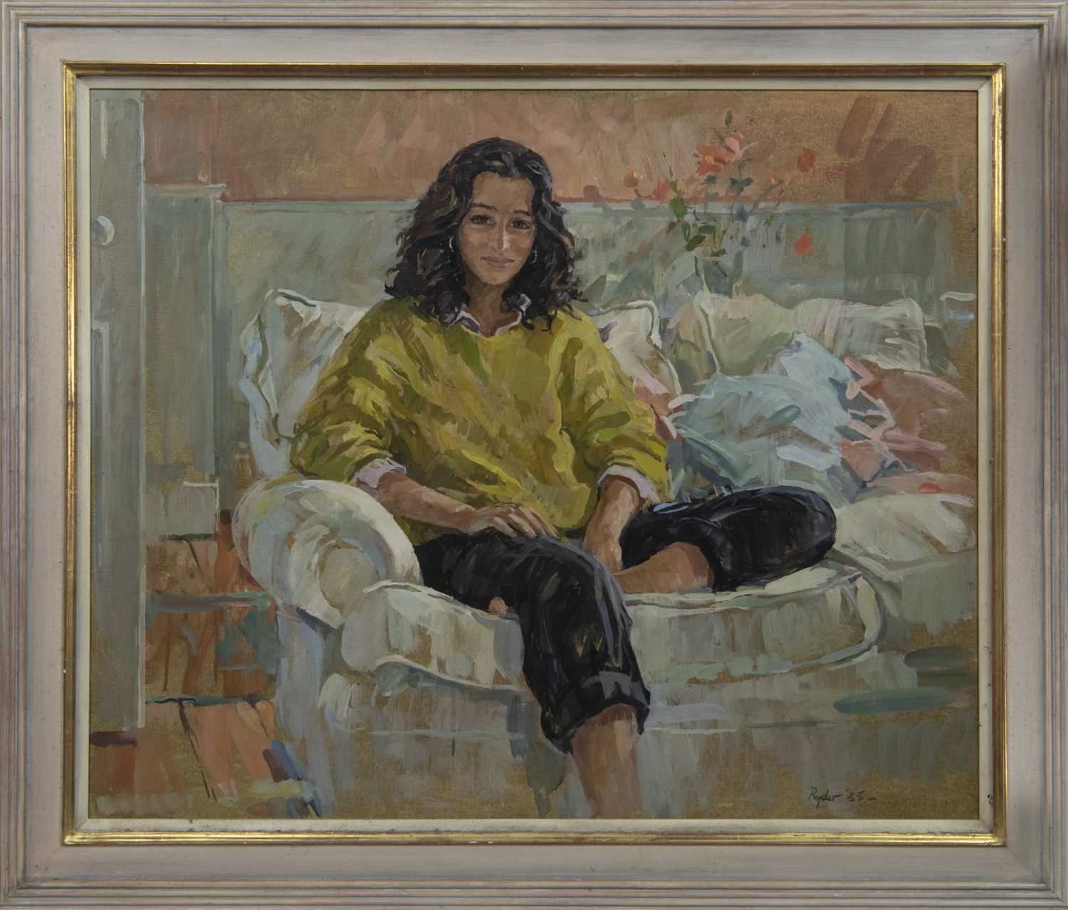 Lot 69 - PORTRAIT OF A WOMAN IN YELLOW, AN OIL BY BY SUSAN RYDER