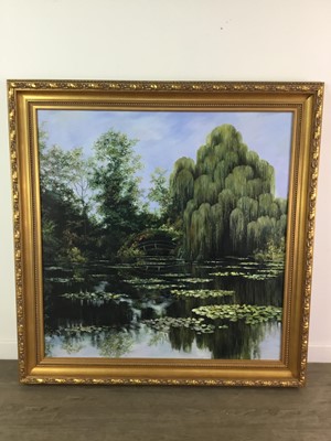 Lot 502 - AN OIL ON CANVAS DEPICTING A JAPANESE GARDEN SCENE