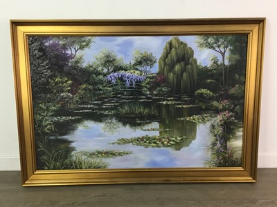 Lot 501 - A JAPANESE GARDEN SCENE, OIL ON CANVAS