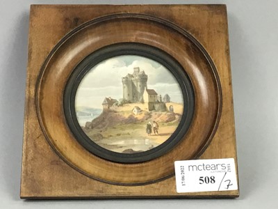 Lot 508 - A PAIR OF MINIATURE PAINTINGS ON PORCELAIN, A WATERCOLOUR, OIL AND SPINDLER TYPE PANELS