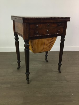 Lot 25 - A BURR WALNUT TOPPED SEWING/WORK TABLE AND A VICTORIAN FOOTSTOOL