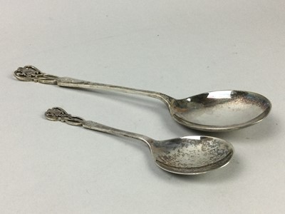 Lot 35 - TWO SILVER SPOONS, A SET OF SILVER TEASPOONS AND A PAIR OF BUTTER DISHES