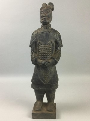 Lot 78 - A LOT OF SIX TERRACOTTA WARRIOR FIGURES AND TWO PAIRS OF BOOKENDS