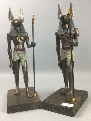 Lot 79 - A PAIR OF BRONZED RESIN ANUBIS FIGURES AND OTHER ITEMS