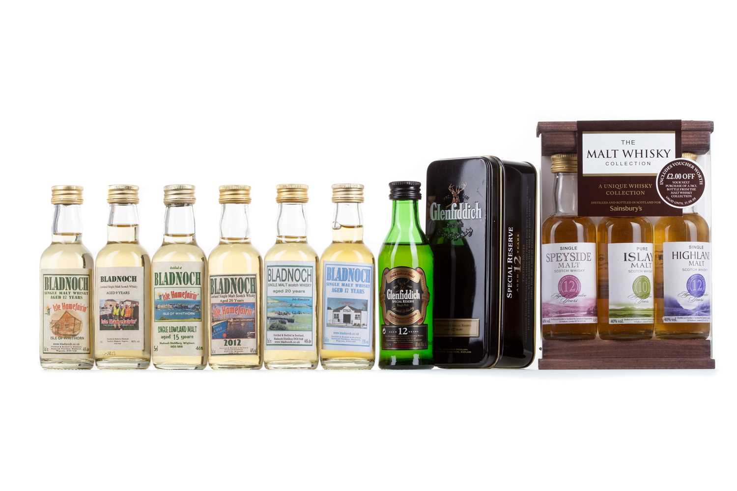 Lot 31 - 10 ASSORTED WHISKY MINIATURES - INCLUDING BLADNOCH 20 YEAR OLD ISLE HAMEFARIN'