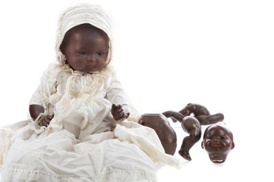 Lot 1155 - A BLACK BISQUE HEADED BABY DOLL BY ARMAND MARSEILLE AND ANOTHER DOLL