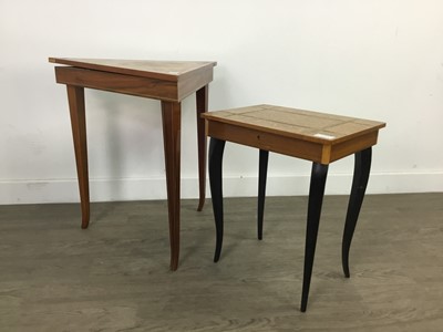Lot 306 - A WALNUT MUSICAL TRIANGULAR SEWING TABLE AND THREE OTHERS