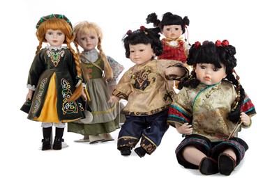 Lot 1163 - EIGHT MODERN BISQUE HEADED GIRL AND COSTUME DOLLS