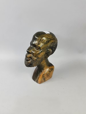 Lot 240 - AN AFRICAN CARVED SOAPSTONE BUST OF A MAN ALONG OTHER FIGURES AND AN ASHTRAY