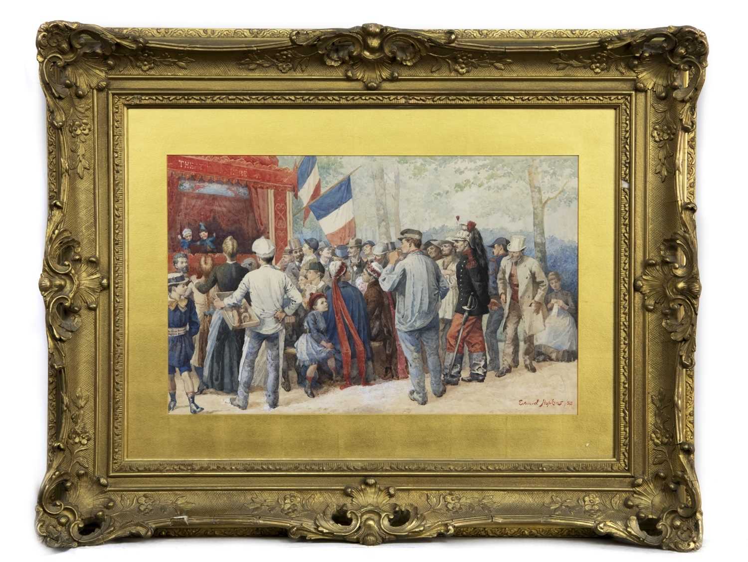 Lot 352 - FRENCH PUNCH & JUDY SHOW, A WATERCOLOUR BY EVERARD HOPKINS