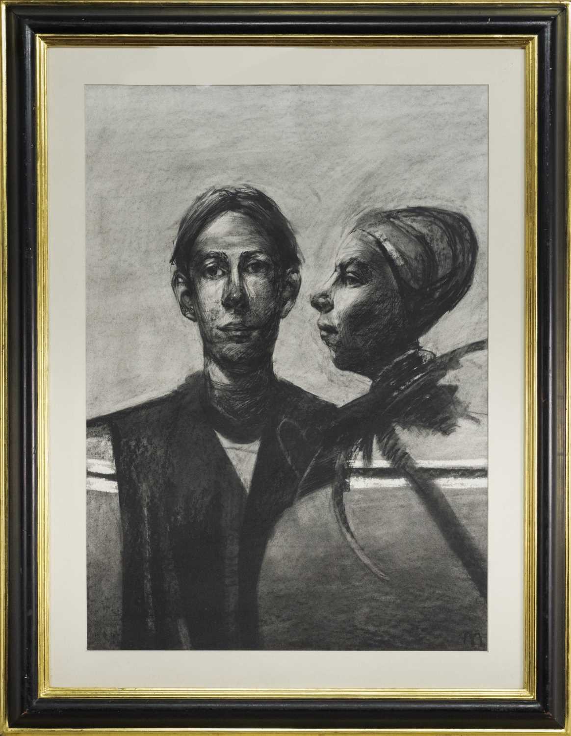 Lot 16 - TWO HEADS SELF PORTRAIT, A CHARCOAL BY CRAIG MULHOLLAND