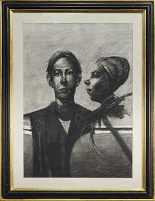 Lot 203 - TWO HEADS SELF PORTRAIT, A CHARCOAL BY CRAIG MULHOLLAND